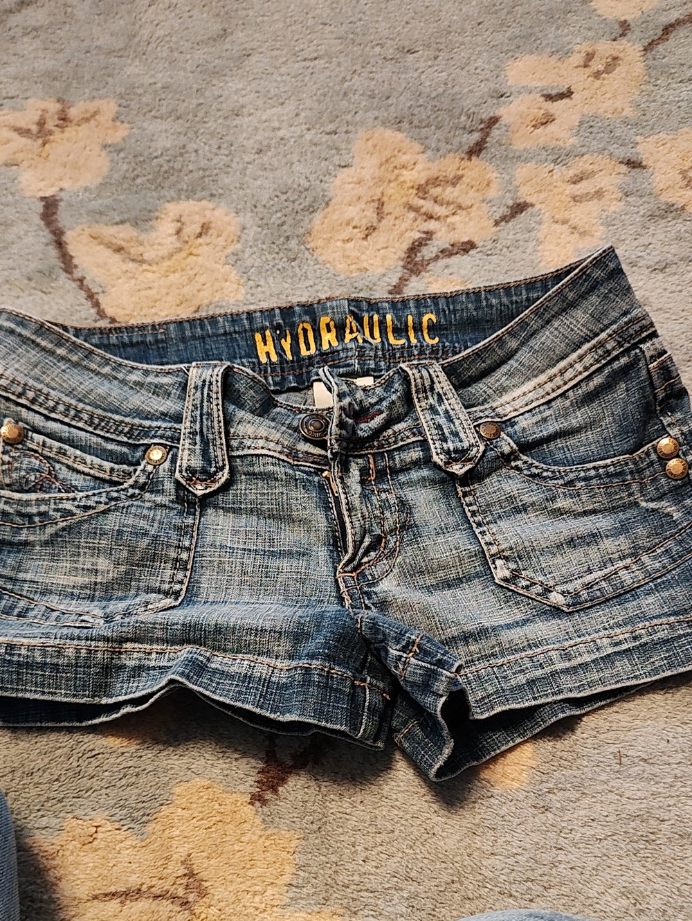 Hydraulic Distressed Blue Denim Shortie Shorts